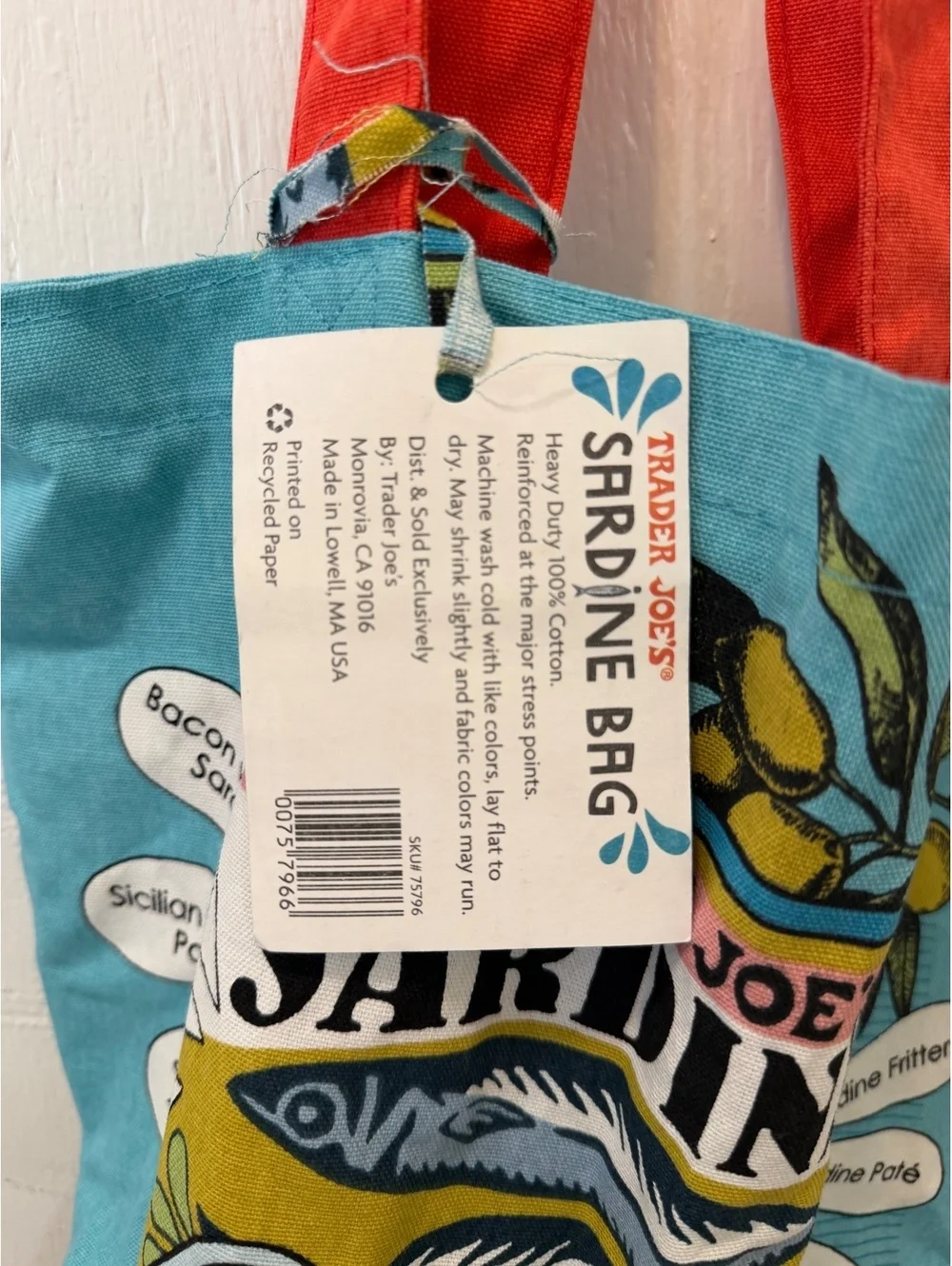 Vintage Trader Joe's Sardine Bag Tote Cotton Made in USA